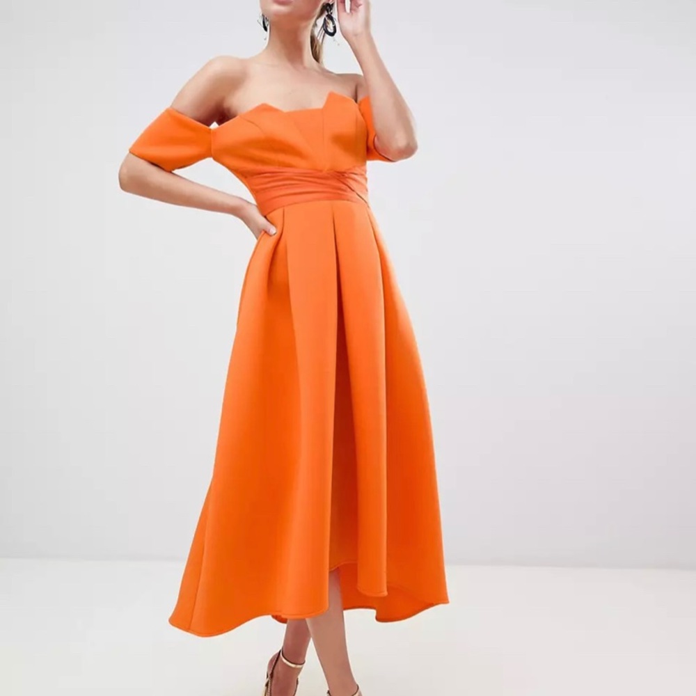ASOS orange Bardot off shoulder dress